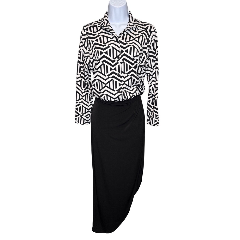 NWT Julian Chang Womens Black White Geometric Asymmetrical Maxi Dress Sz S Chic